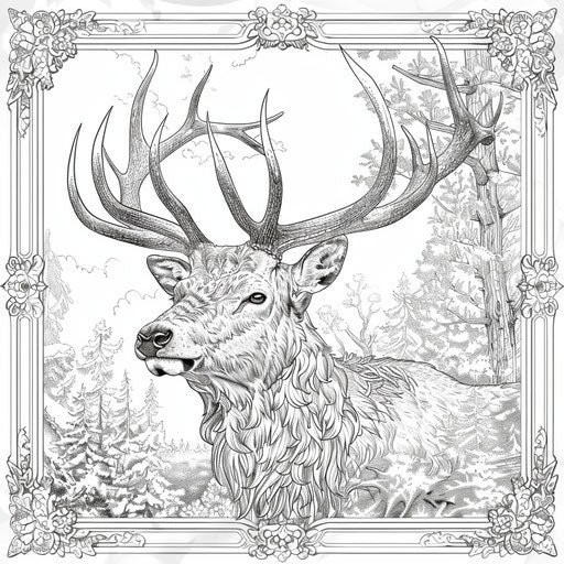 Detailed illustration of a majestic stag with intricate antlers and a forest background