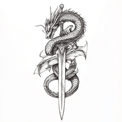 Inner bicep tattoo with dragon and sword sketch
