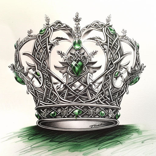 Queen crown tattoo design in Celtic style with knotwork and green accents