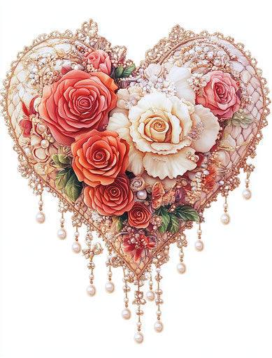 Valentine's heart with lace and beads on white background