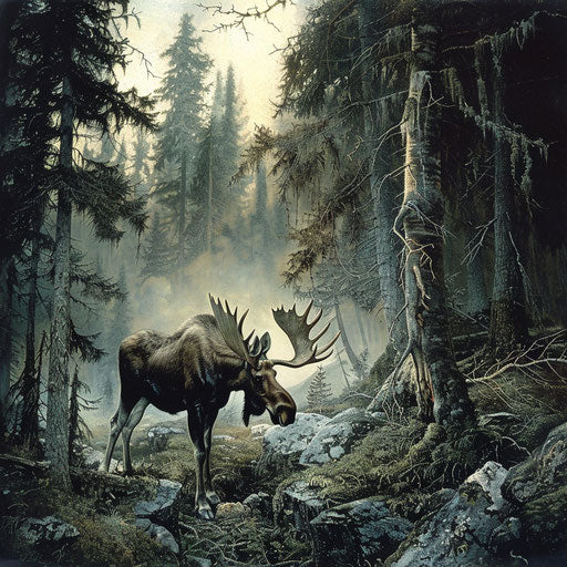 A moose in an ancient forest, with trees older than time itself.