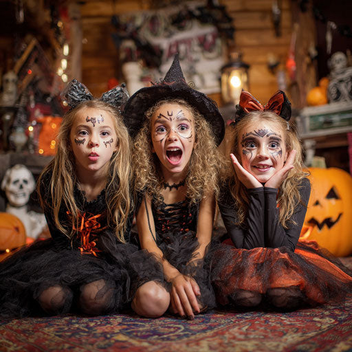 Three young girls in playful Halloween costumes and paint