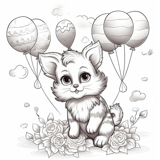 Coloring page of a cat and balloons, lively illustrations style, rtx on