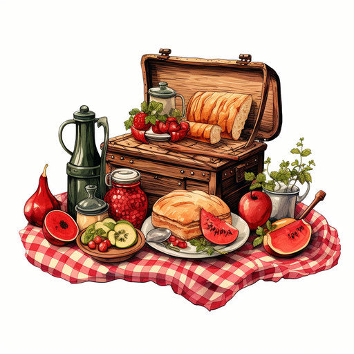 Picnic clipart in the style of Chiaroscuro Art, on a white background