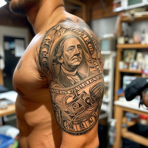 Money tattoo with tribal elements, in the style of Ami James