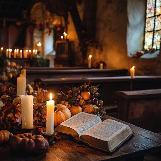 A Thanksgiving table in a rustic church, adorned with a Bible, candles, and autumn harvest symbols, glowing softly in candlelight