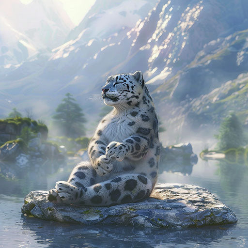 Snow leopard in yoga pose, promoting peace and mindfulness