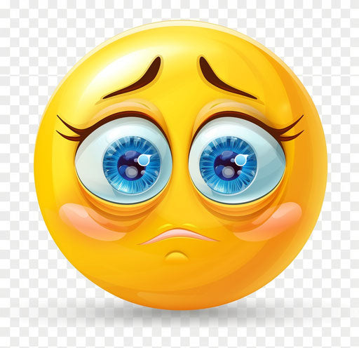 Yellow sad emoji with big blue eyes and eyelashes on transparent background