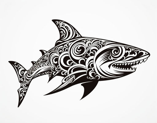 Black and white tribal tattoo with a shark