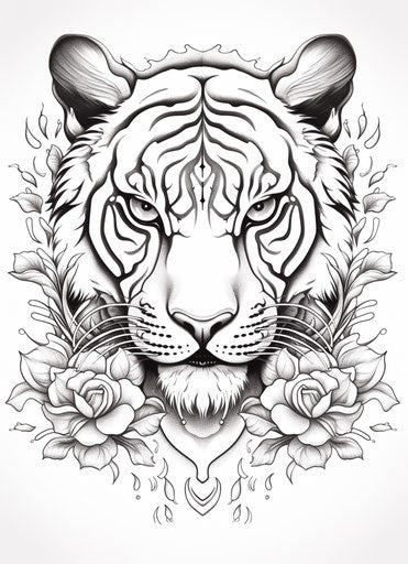 Tiger head in lotus flower, gothic black and white style