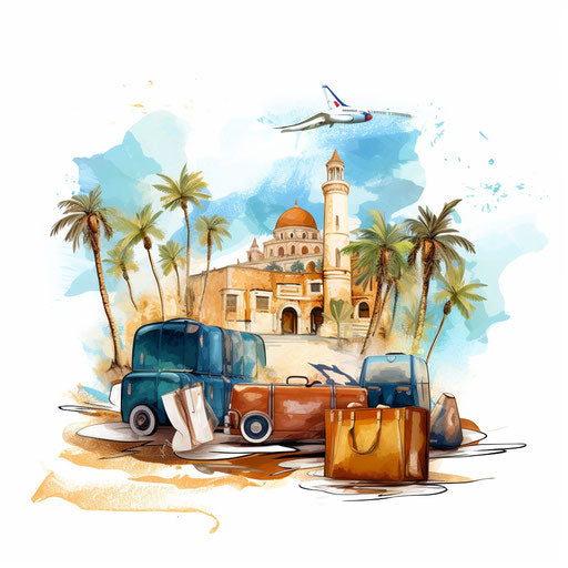 Travel illustration in the style of an oil painting, on white background