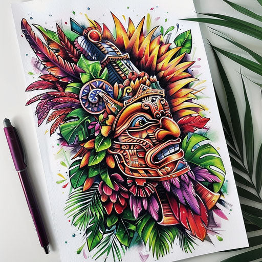 Mayan tattoo inspired by vivid jungle, tropical colors