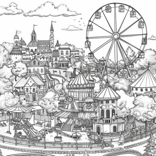 Whimsical city with giant wheel and amusement park