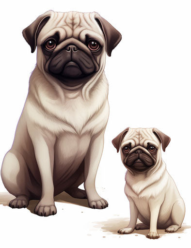 Cartoon pug dogs sitting with lifelike emotions