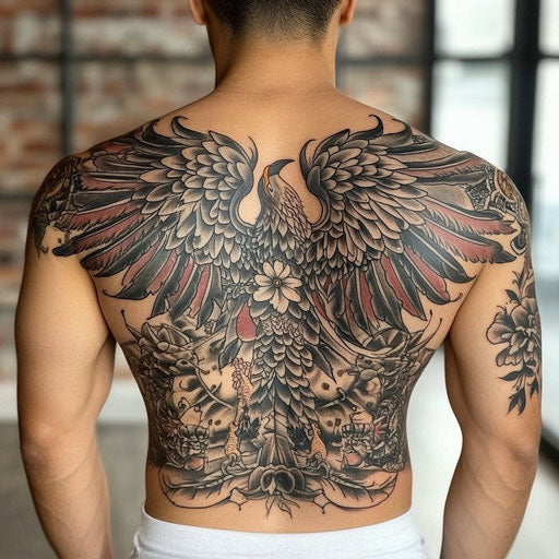 Tattooed wings on back with detailed eagle wings and nautical elements, in the style of Sailor Jerry