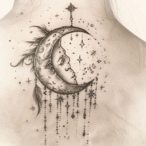 Moon transforming into dreamcatcher with star beads