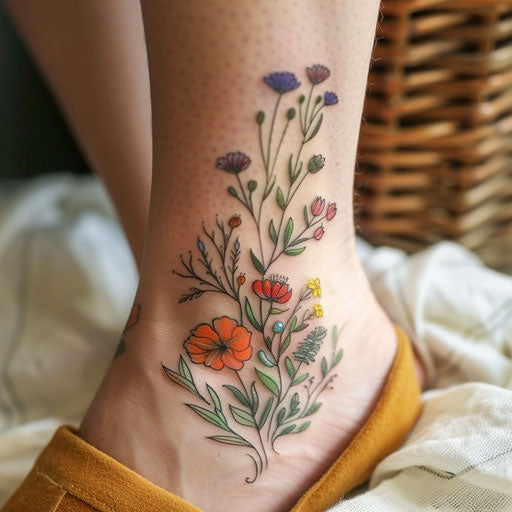 Whimsical floral tattoo with fairy tale flowers on white
