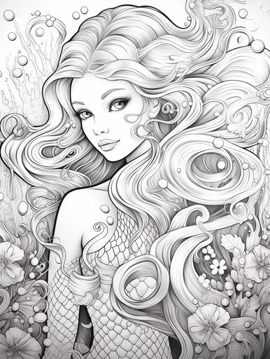Barbie mermaid coloring pages for adults, dark yellow and light magenta
