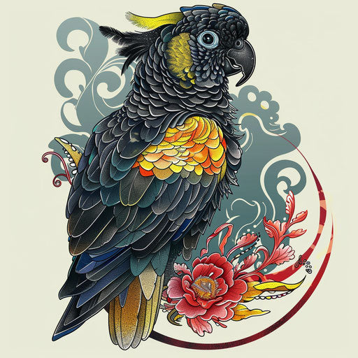 Vibrant tattoo sketch of a yellow-tailed cockatoo
