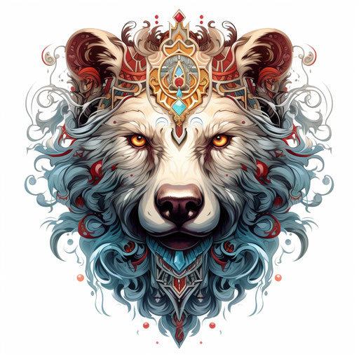 Bear head with colorful ornaments in baroque-punk style