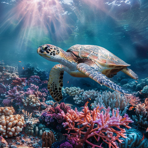 Sea turtle swimming among colorful coral reefs