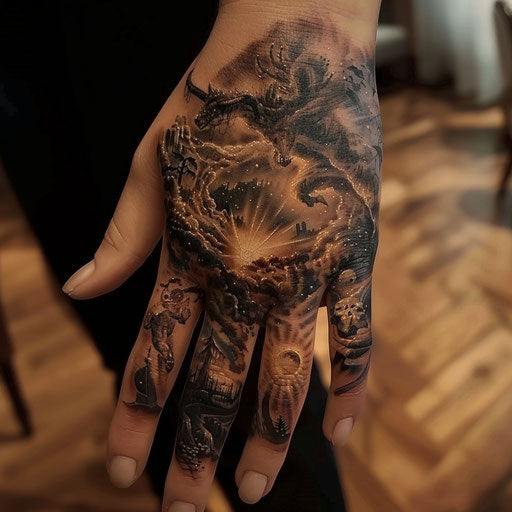Epic narrative hand tattoo for women portraying celestial beings