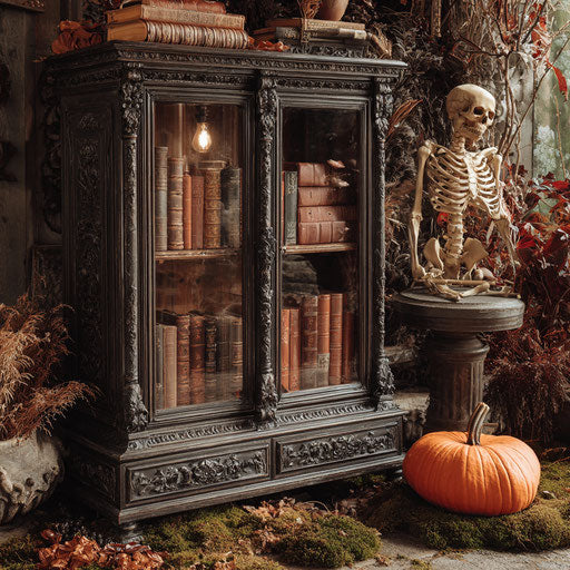 Ornate cabinet with books and autumn pumpkins