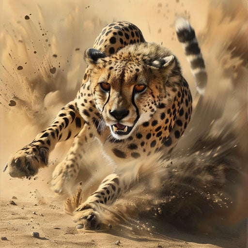Cheetah running in the desert, swirling dust