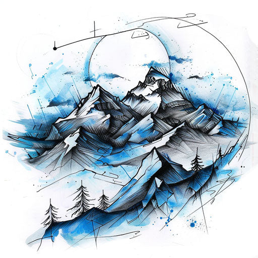 Adventurous tattoo sketch of a mountain landscape