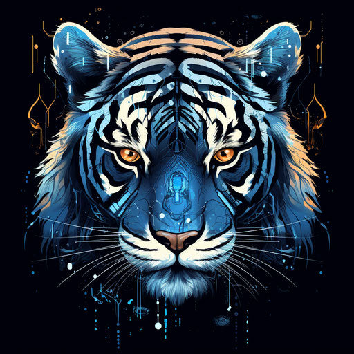 Tiger with Yellow Eye in Dark Sky-Blue and Light Cyan Style