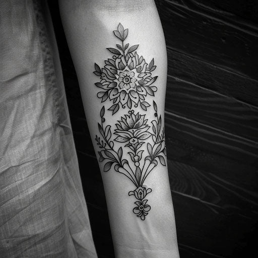 Men's forearm tattoo with floral mandala