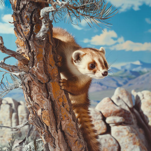 An adventurous ferret climbs tree for better view