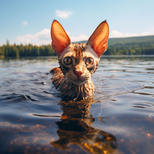 Devon rex cat swimming in a lake by the shore