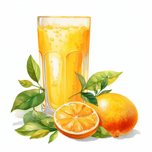 Orange juice clipart in the style of oil painting, on white background