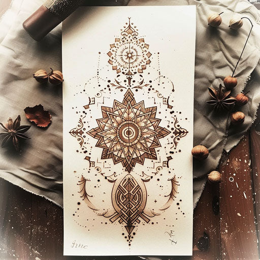 Elegant flat tattoo sketch of a rune with an intricate mandala design in soft earth tones
