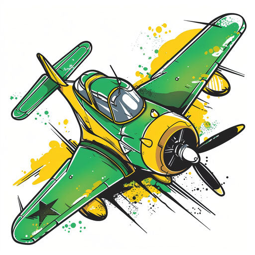 Playful flat tattoo sketch of a cartoonish crop duster, bright green and yellow, clipart design