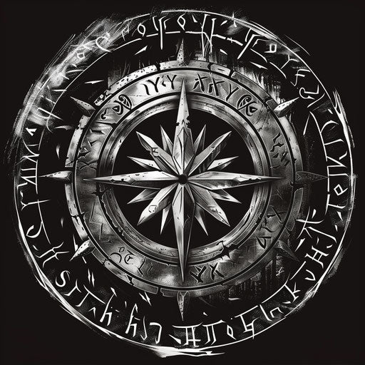 Mystical tattoo sketch of a Witcher's medallion surrounded by magical runes, in silver and black, clipart style
