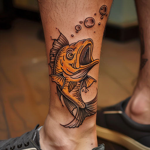 Ankle tattoos in the style of Steve Sack featuring a humorous cartoon fish