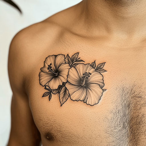 Hibiscus flower tattoo on a Pure White Background in the style of Guy Aitchison on a chest