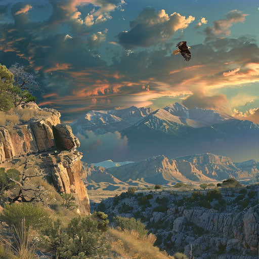 The Sandia Mountains with an eagle soaring above, in the style of Peter Holme III