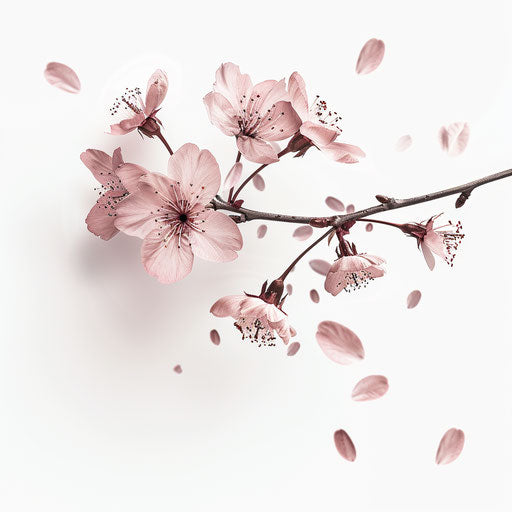 Delicate cherry blossom branch with floating petals