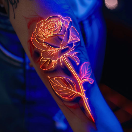 Modern flat tattoo sketch of a rose with neon outlines