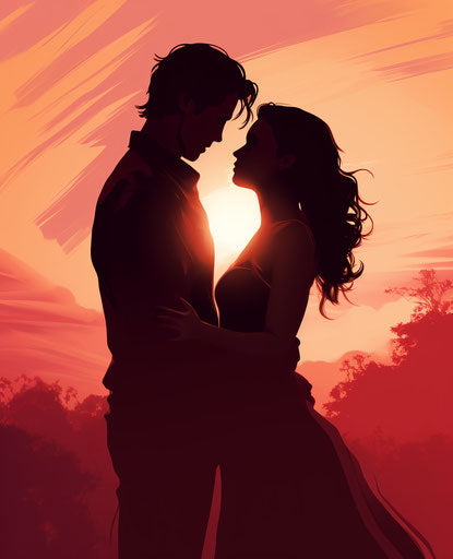Silhouette of a couple embracing at sunset