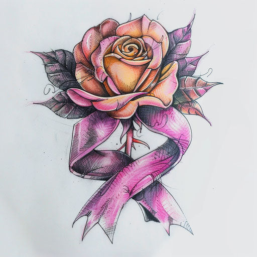 Pink ribbon intertwined with rose on white canvas