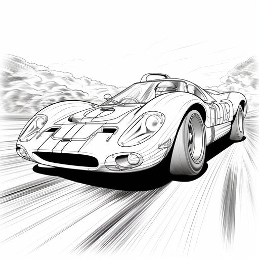 Race car coloring page in free-flowing lines style, saturated graphics