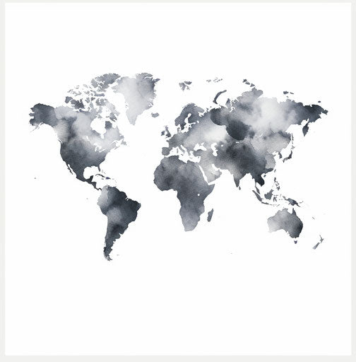 Black & white world map watercolor design, visual pun style