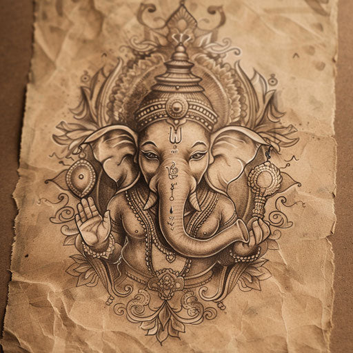 Nostalgic tattoo sketch of Ganesha, clipart style with sepia tones and vintage charm