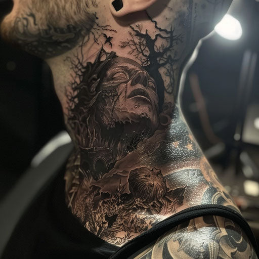 Neck tattoo depicting dark fantasy scenes
