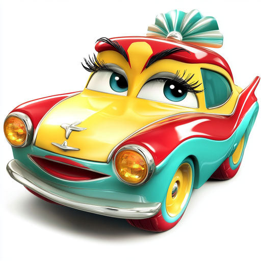 Humorous caricature of a toy car with human characteristics, exaggerated lashes, bright colors