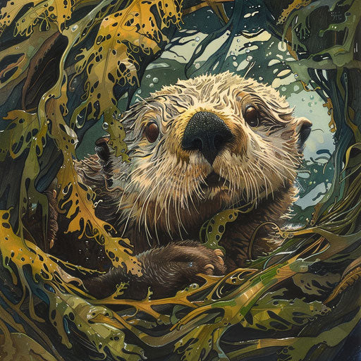 The sea otter peering from beneath a canopy of seaweed, a hidden guardian of ocean health.